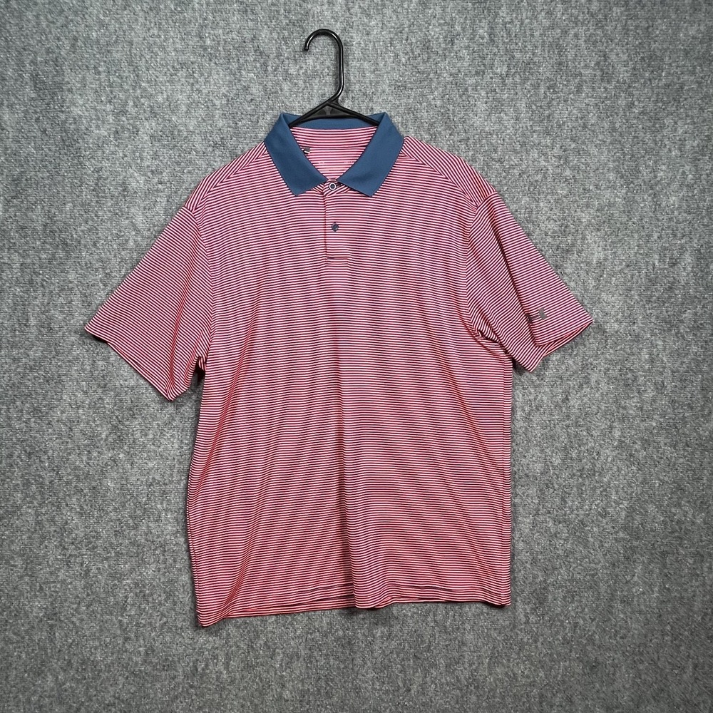 Under Armour Polo Shirt Mens Large Pink Blue Stripe HeatGear Golf Breathable L